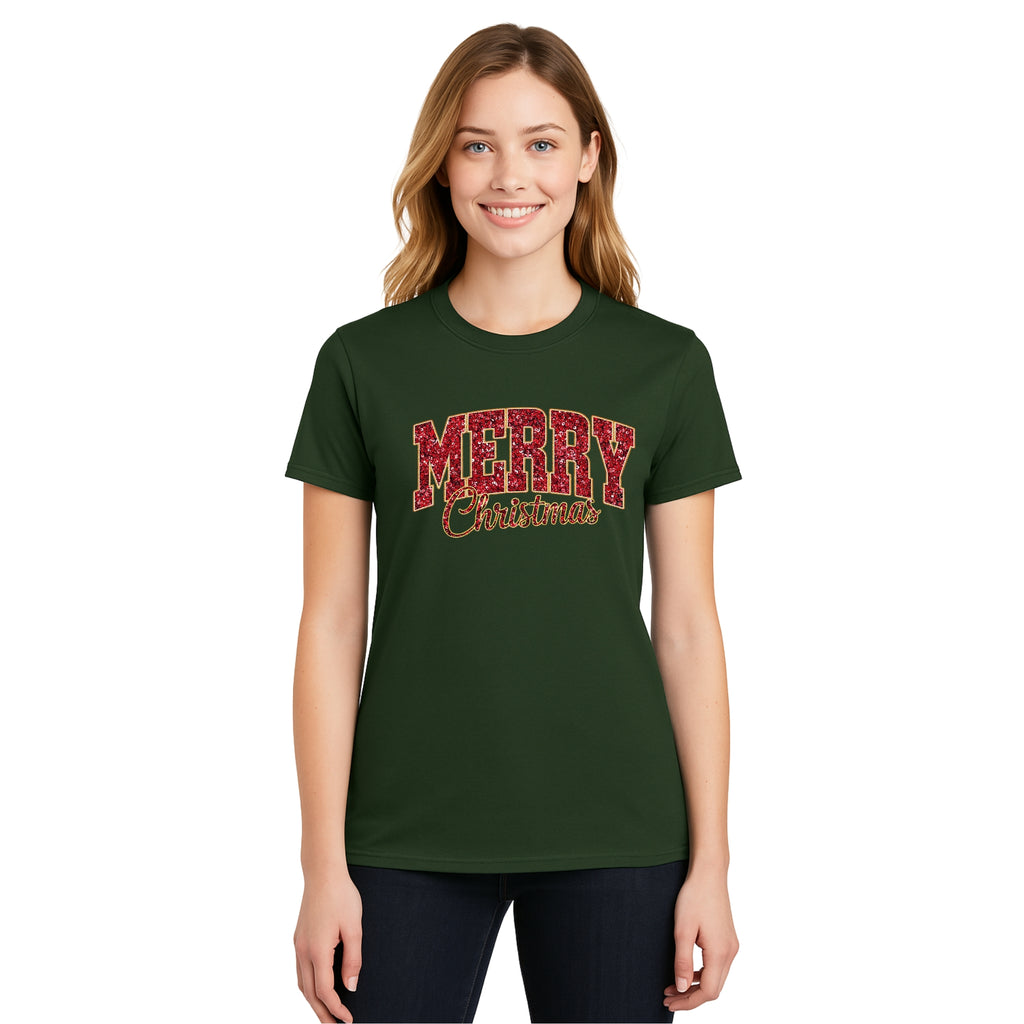 Minimalist Holiday Shirt - “Merry Christmas” Glitter Varsity Design