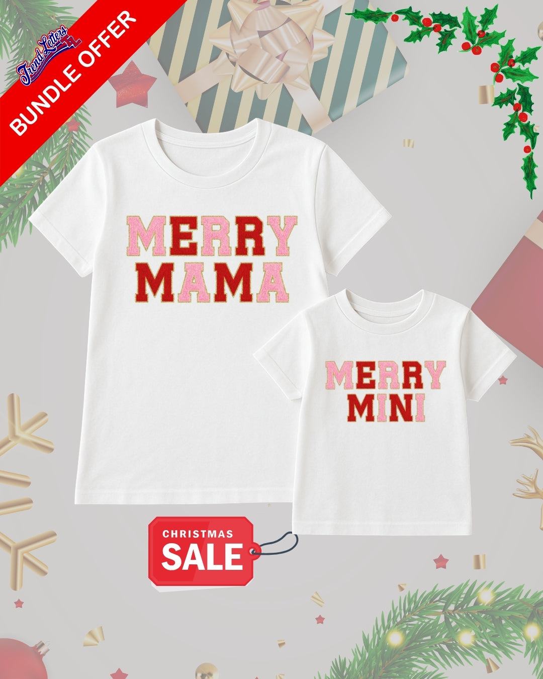 Holiday Shirt - Merry Mama & Merry Mini Matching Christmas Outfit – Chenille Letter Holiday Bundle