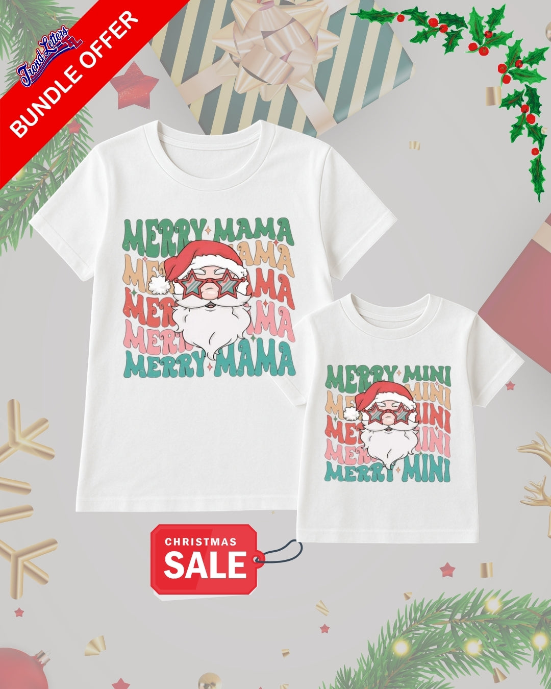 Holiday Shirt - Merry Mama & Merry Mini Retro Santa Matching Christmas Outfit – Stylish Holiday Family Bundle