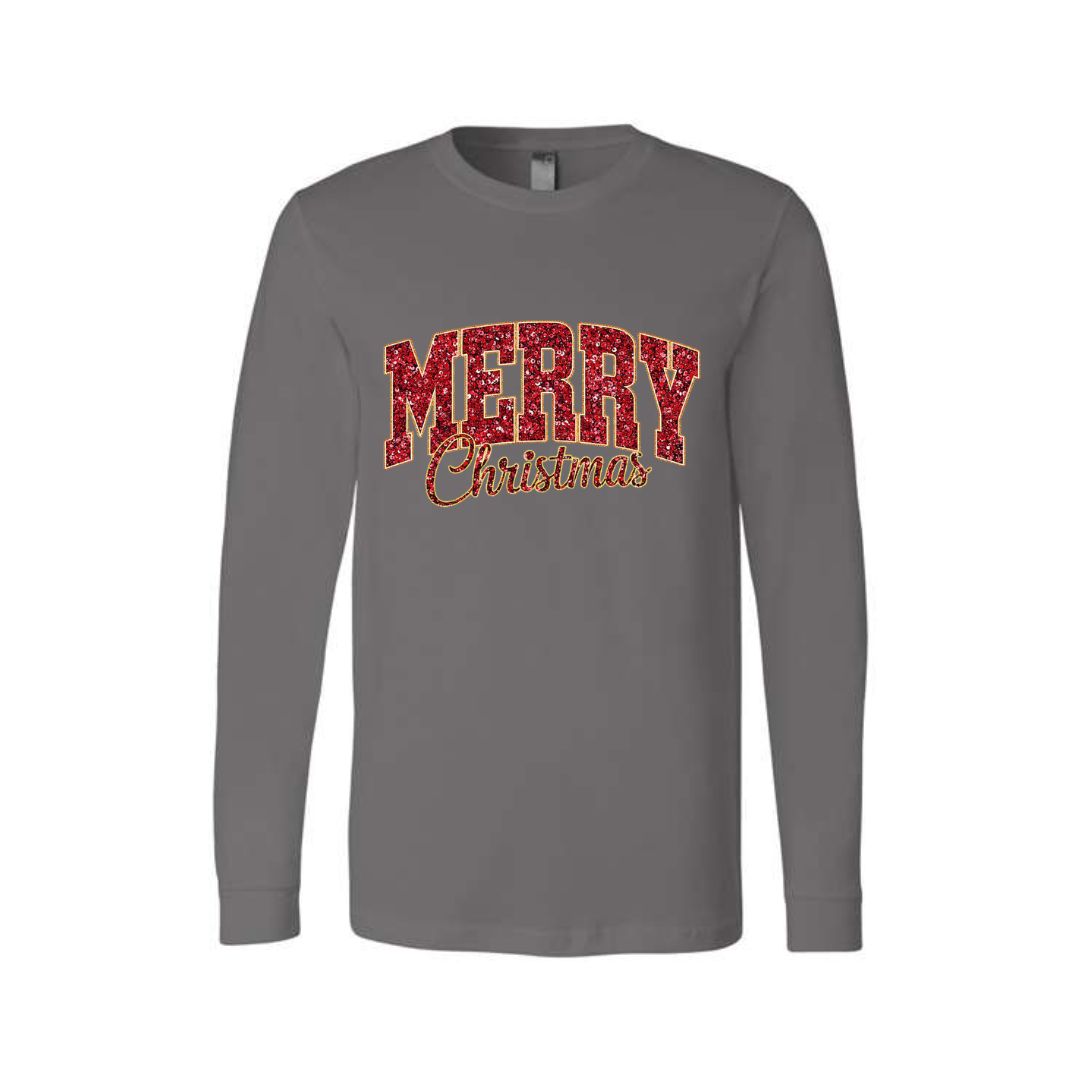 Holiday Long Sleeves- “Merry Christmas” Glitter Varsity Design