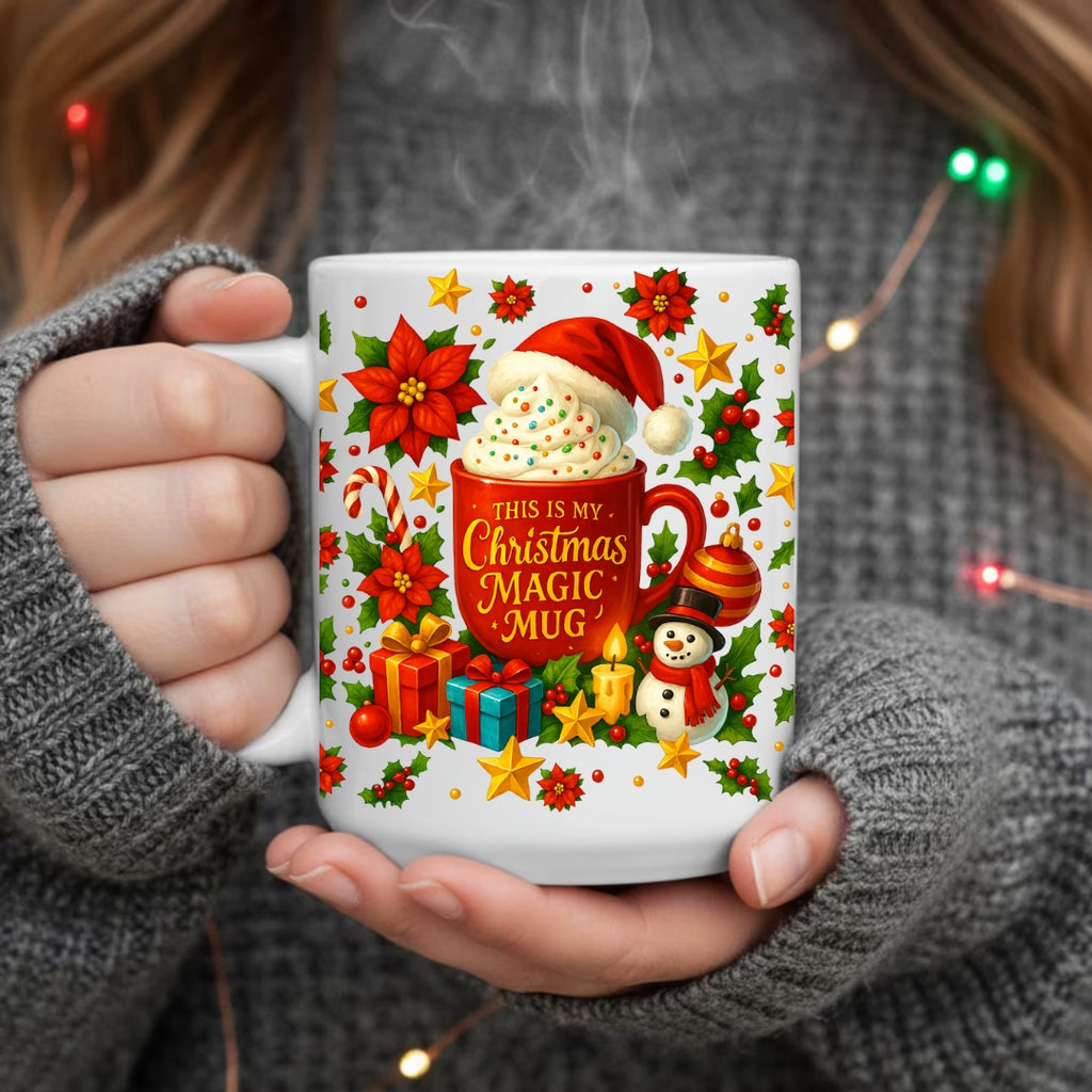 This Is My Christmas Magic Mug – Festive Holiday Hot Cocoa Cup with Santa Hat, Snowman & Gift Art | Cute Christmas Gift