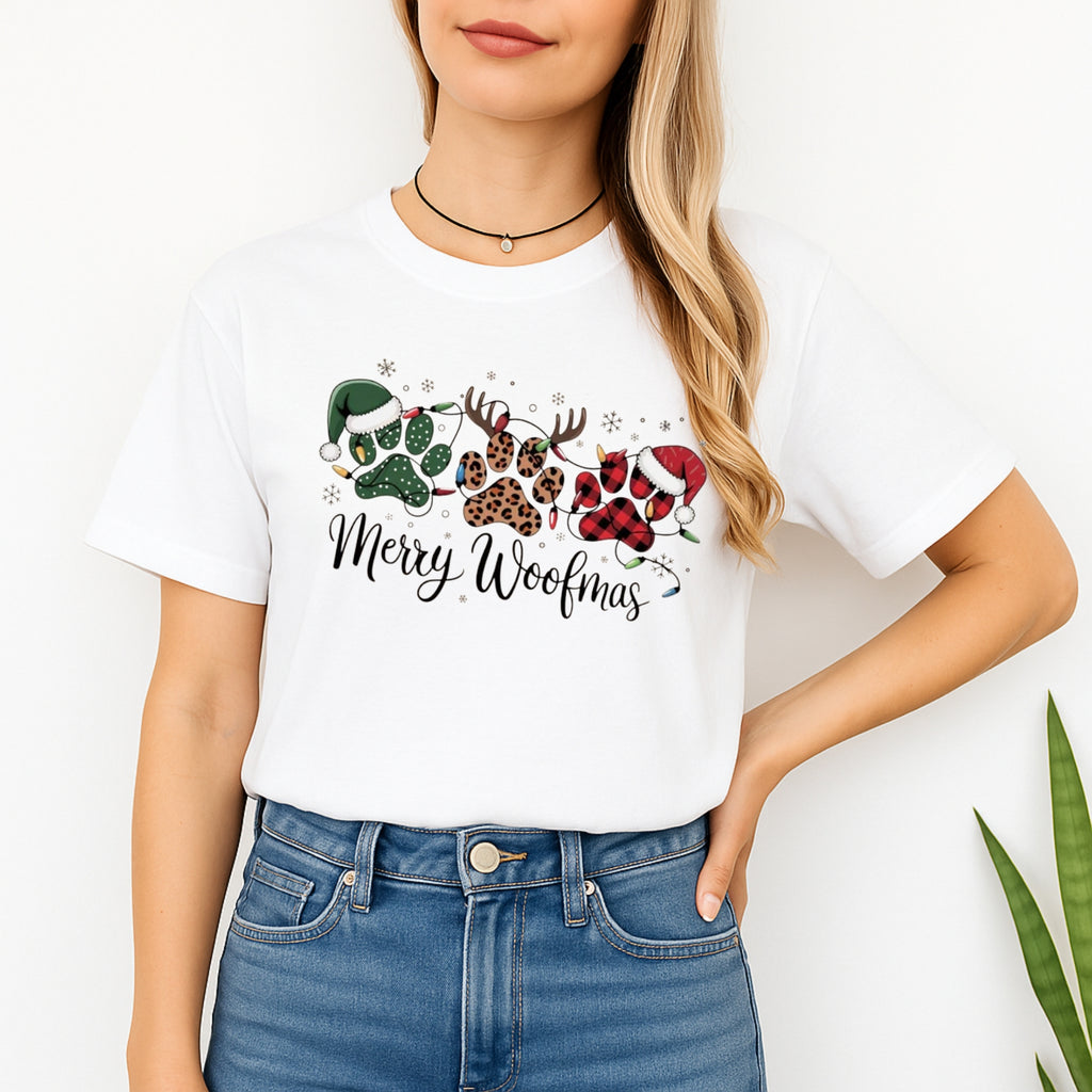 Christmas Tee for Pet Parents : Merry Woofmas Paw Print Apparel – Festive Dog Lover Christmas Gift