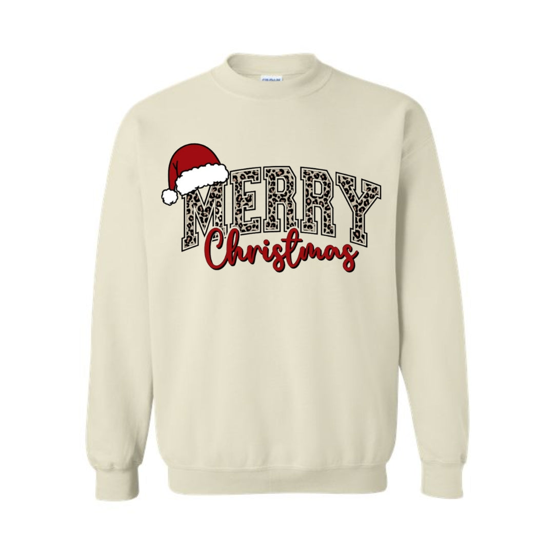 Holiday Crewneck Sweatshirt- “Merry Christmas” Leopard Santa Design
