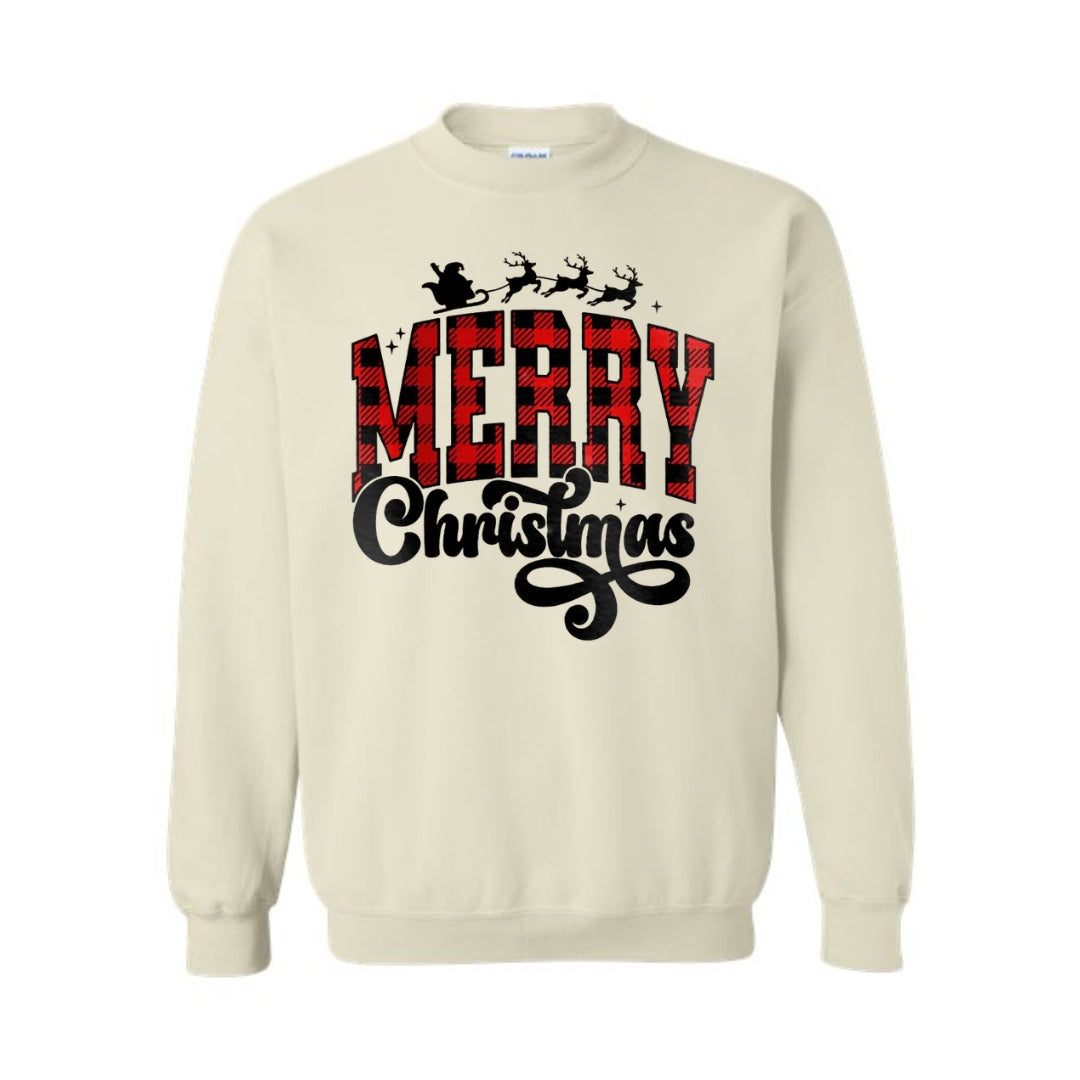 Holiday Crewneck Sweatshirt- Merry Christmas Buffalo Plaid Graphic