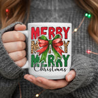 Merry Merry Merry Christmas Mug – Holiday Coffee Cup with Festive Bow & Leopard Print | Christmas Gift, Winter Drinkware