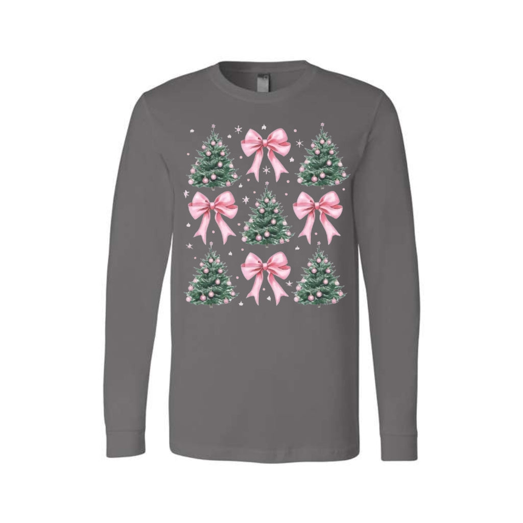 Holiday Long Sleeves-Pink Bow Christmas Trees Graphic