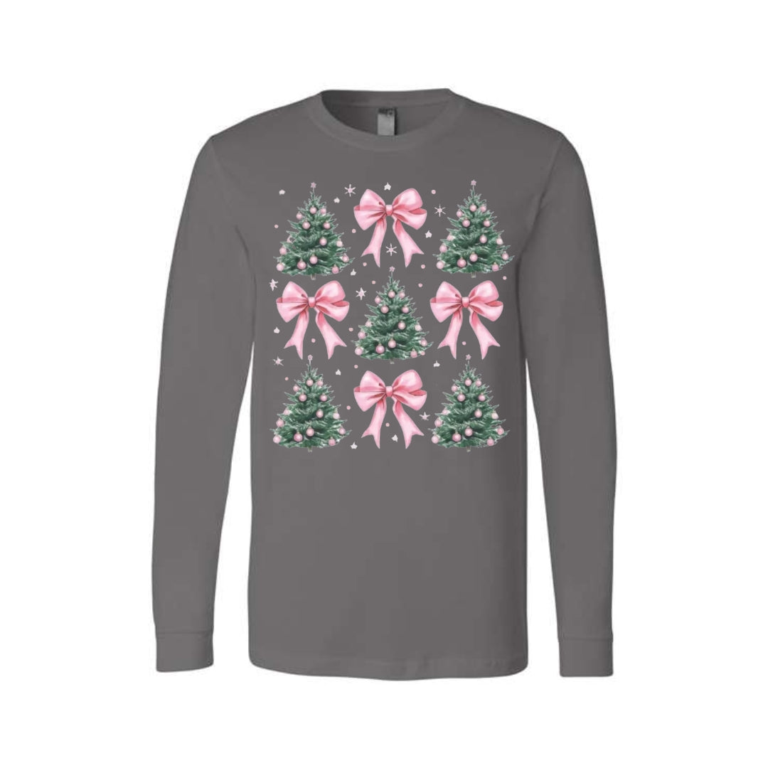 Holiday Long Sleeves-Pink Bow Christmas Trees Graphic