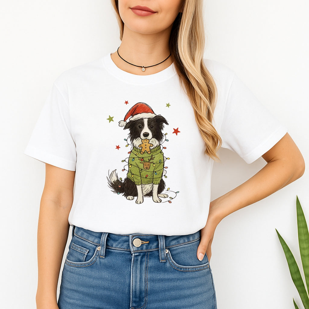Merry & Furry Tees: Border Collie Christmas Lights Design – Cute Holiday Dog Lover Gift