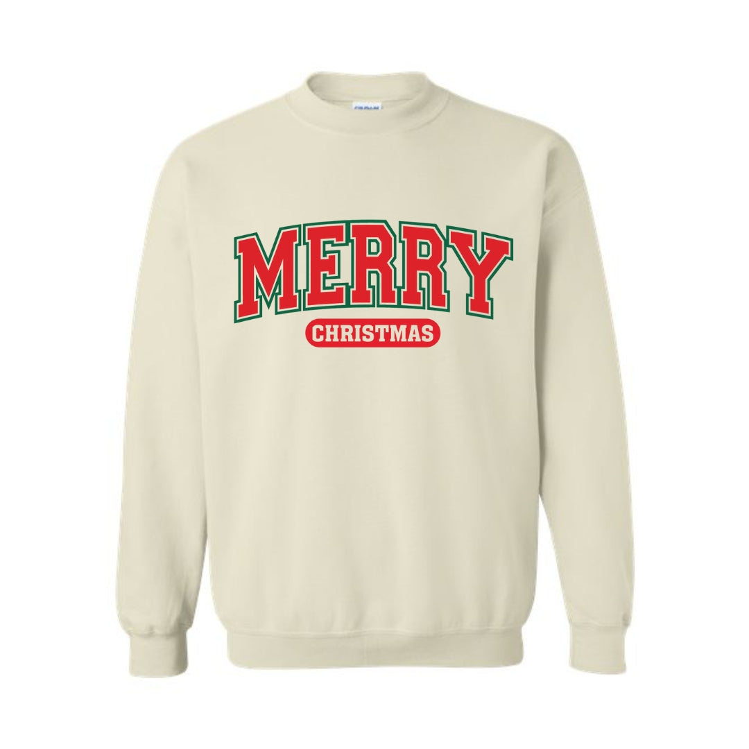 Holiday Crewneck Sweatshirt-Bold “Merry Christmas” Holiday Apparel – Classic Varsity Style Christmas Design