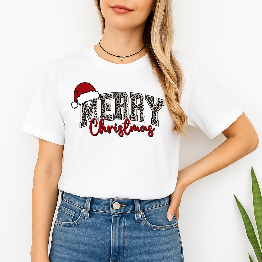 Holiday Shirt - “Merry Christmas” Leopard Santa Design