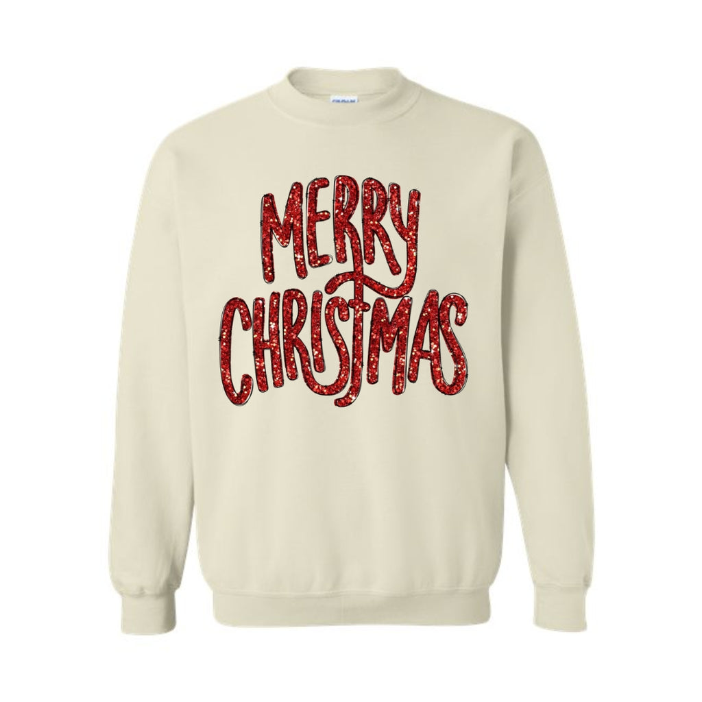 Holiday Crewneck Sweatshirt-“Merry Christmas” Glitter Script Design