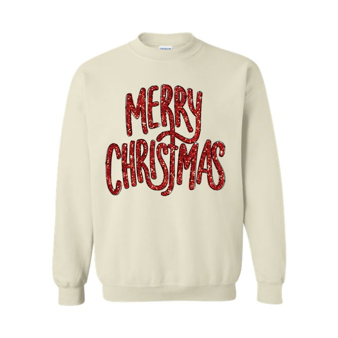 Holiday Crewneck Sweatshirt-“Merry Christmas” Glitter Script Design