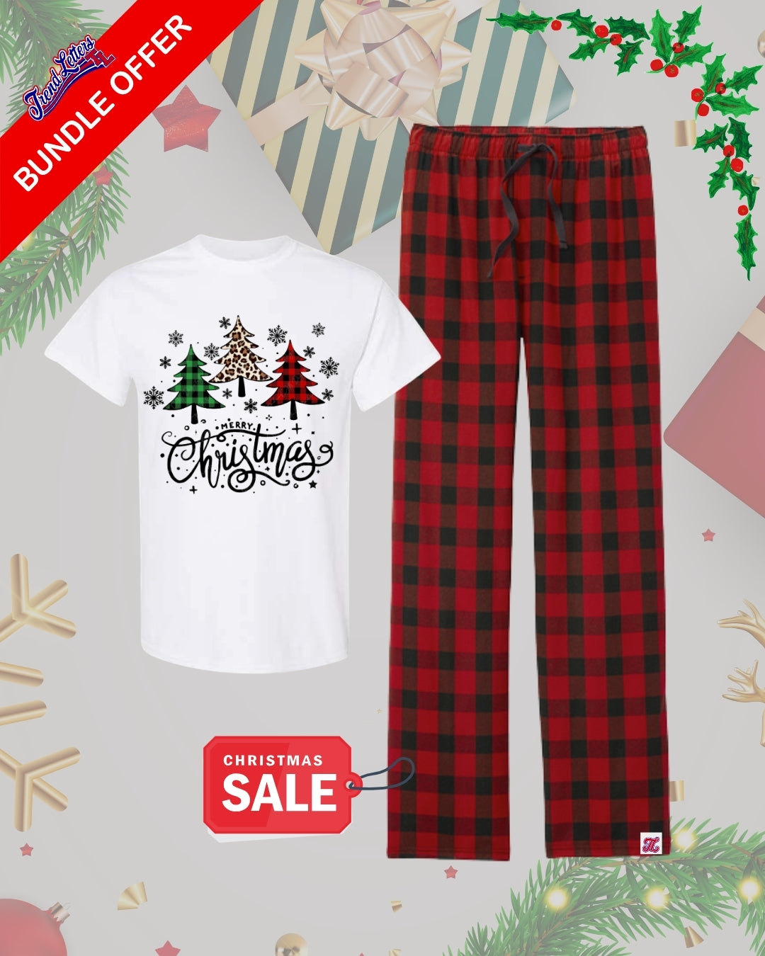 TL Holiday Bundle -“Trio of Trees” Festive Christmas Pajama Bundle – Graphic Holiday Tee & Red Buffalo Plaid Lounge Pants