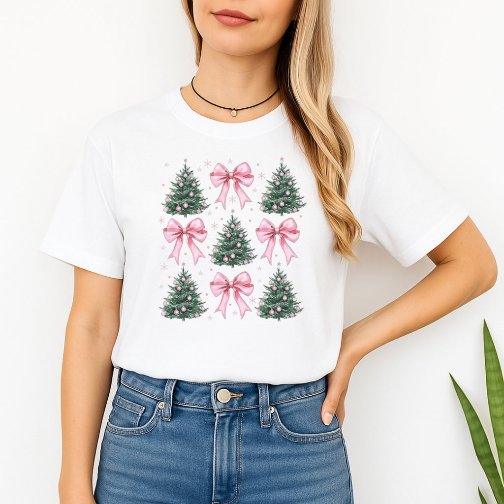 Holiday Shirt -Pink Bow Christmas Trees Graphic