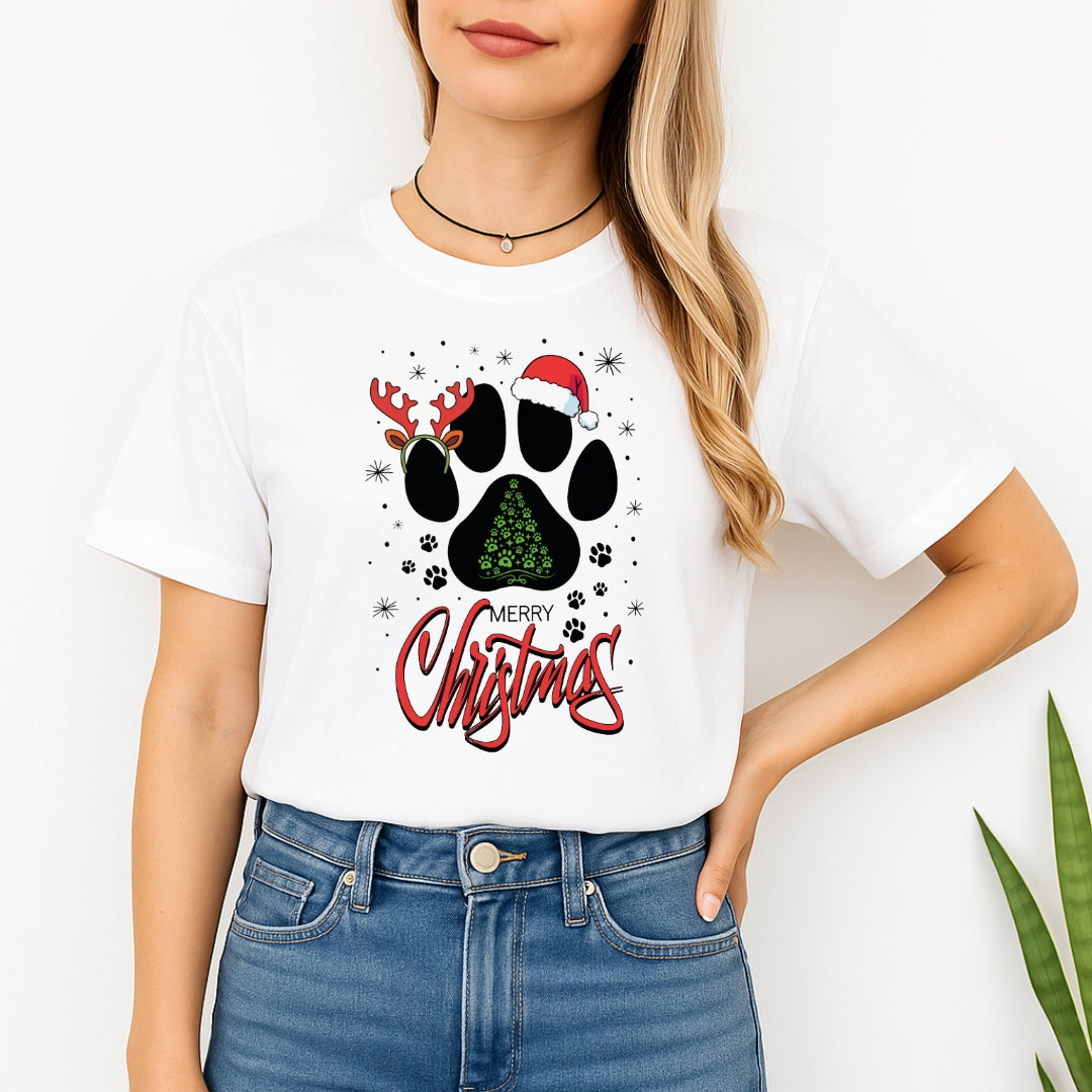 Merry & Furry Tees: Merry Christmas Paw Print Holiday Apparel – Festive Pet Lover Christmas Design