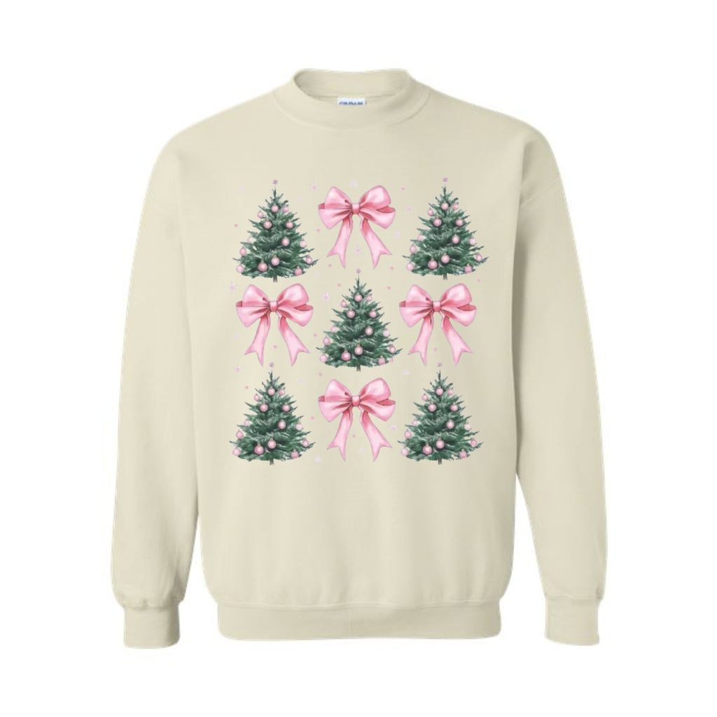 Holiday Crewneck Sweatshirt- Pink Bow Christmas Trees Graphic