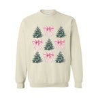 Holiday Crewneck Sweatshirt- Pink Bow Christmas Trees Graphic