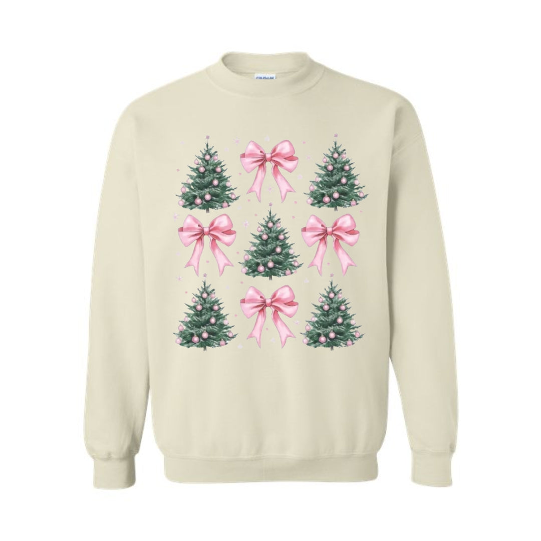 Holiday Crewneck Sweatshirt- Pink Bow Christmas Trees Graphic