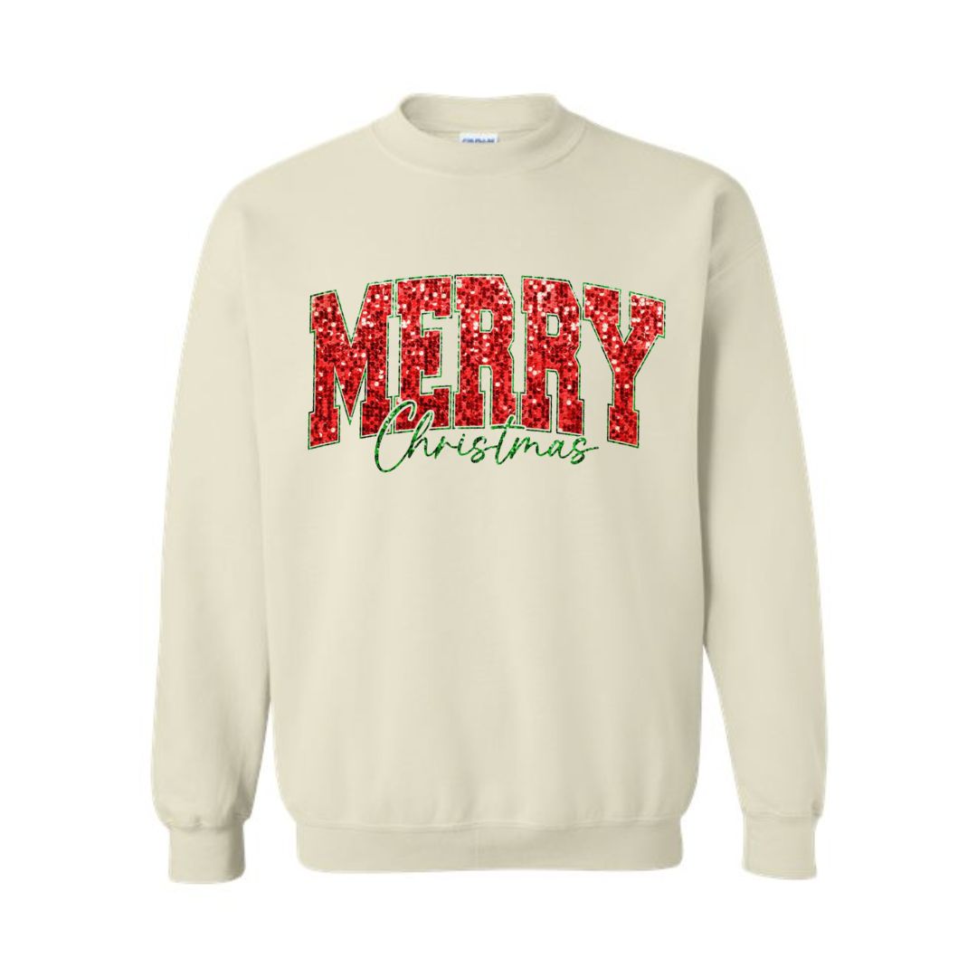 Holiday Crewneck Sweatshirt-“Merry Christmas” Glitter Varsity Design