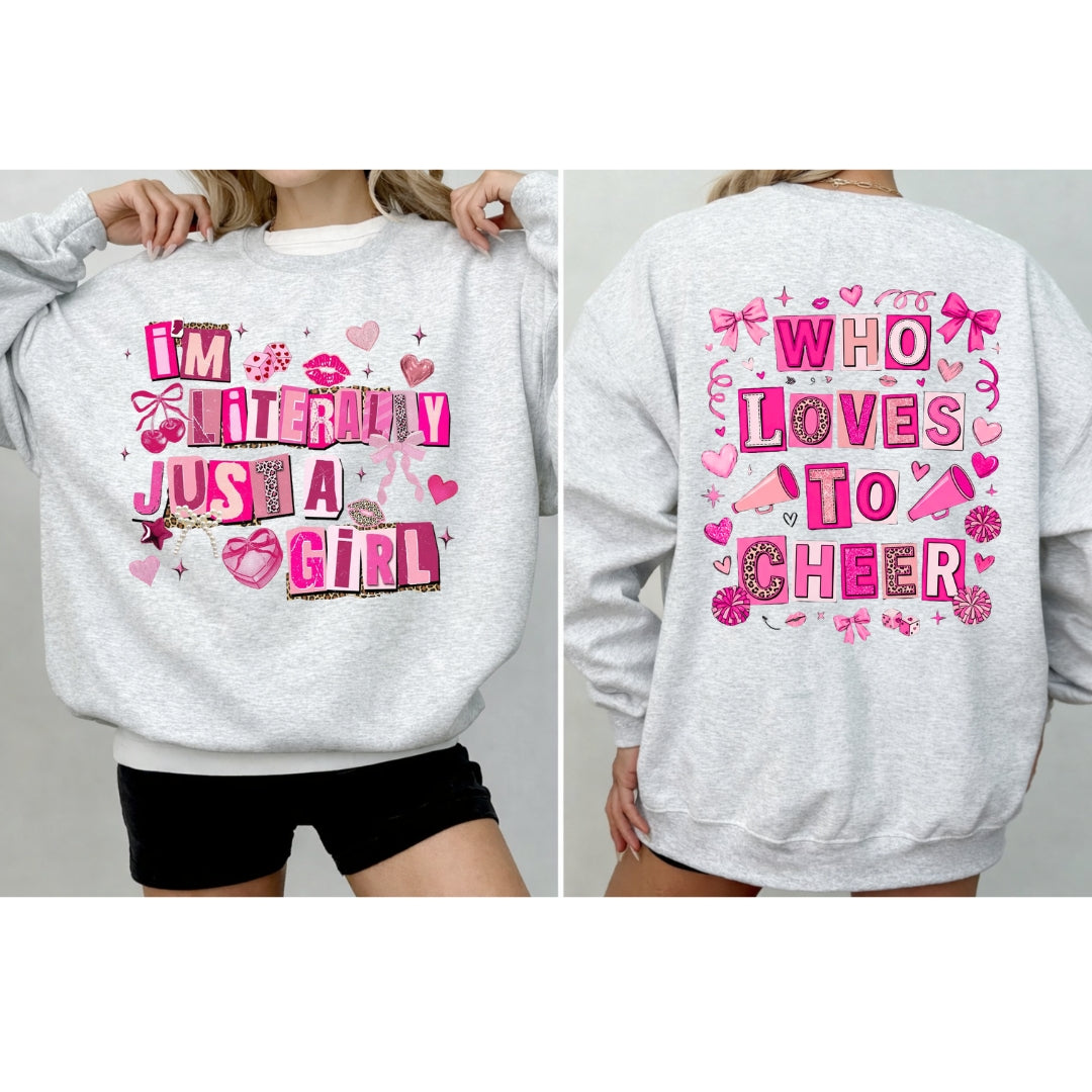 Cheer Valentine Sweatshirt – I’m Literally Just a Girl Who Loves to Cheer | Pink Cheer Crewneck | Cute Cheerleading Gift