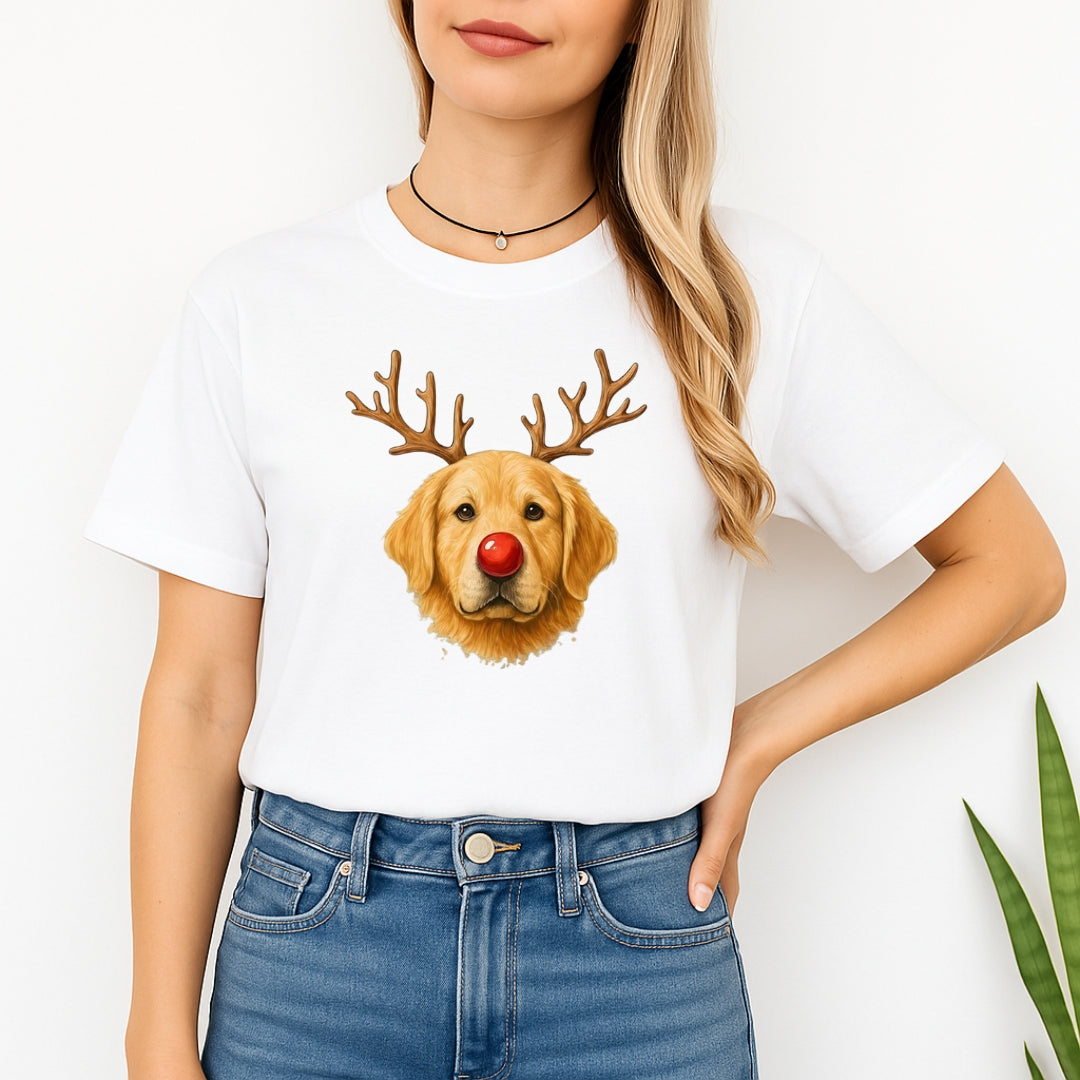 Merry & Furry Tees:Reindeer Golden Retriever Christmas Design – Cute Holiday Dog Graphic