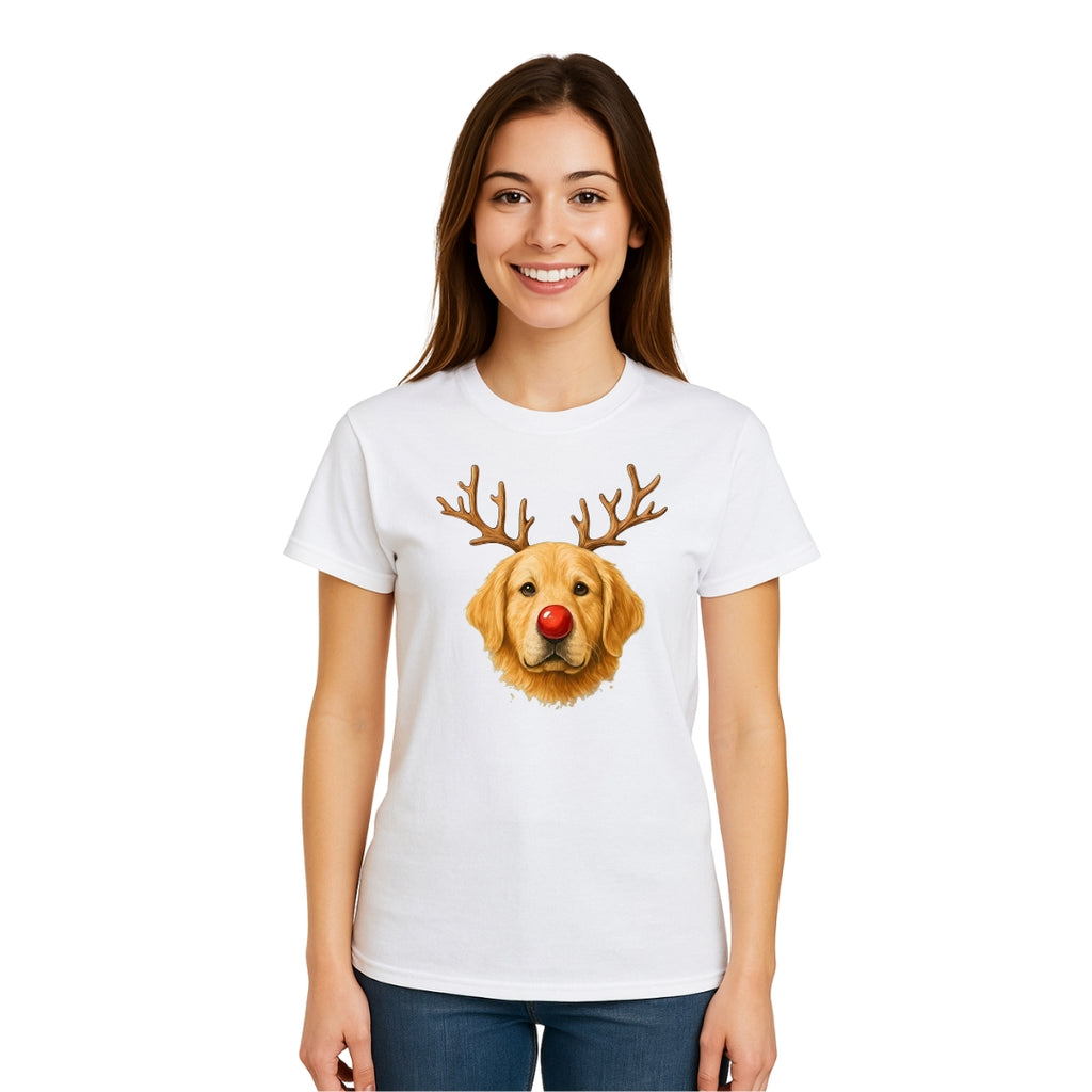 Merry & Furry Tees:Reindeer Golden Retriever Christmas Design – Cute Holiday Dog Graphic