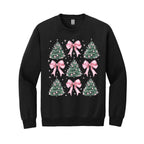 Holiday Crewneck Sweatshirt- Pink Bow Christmas Trees Graphic