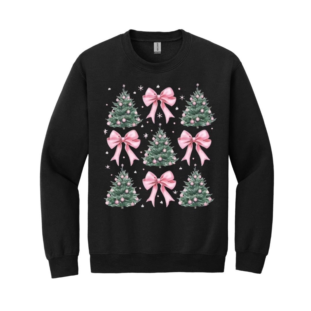 Holiday Crewneck Sweatshirt- Pink Bow Christmas Trees Graphic