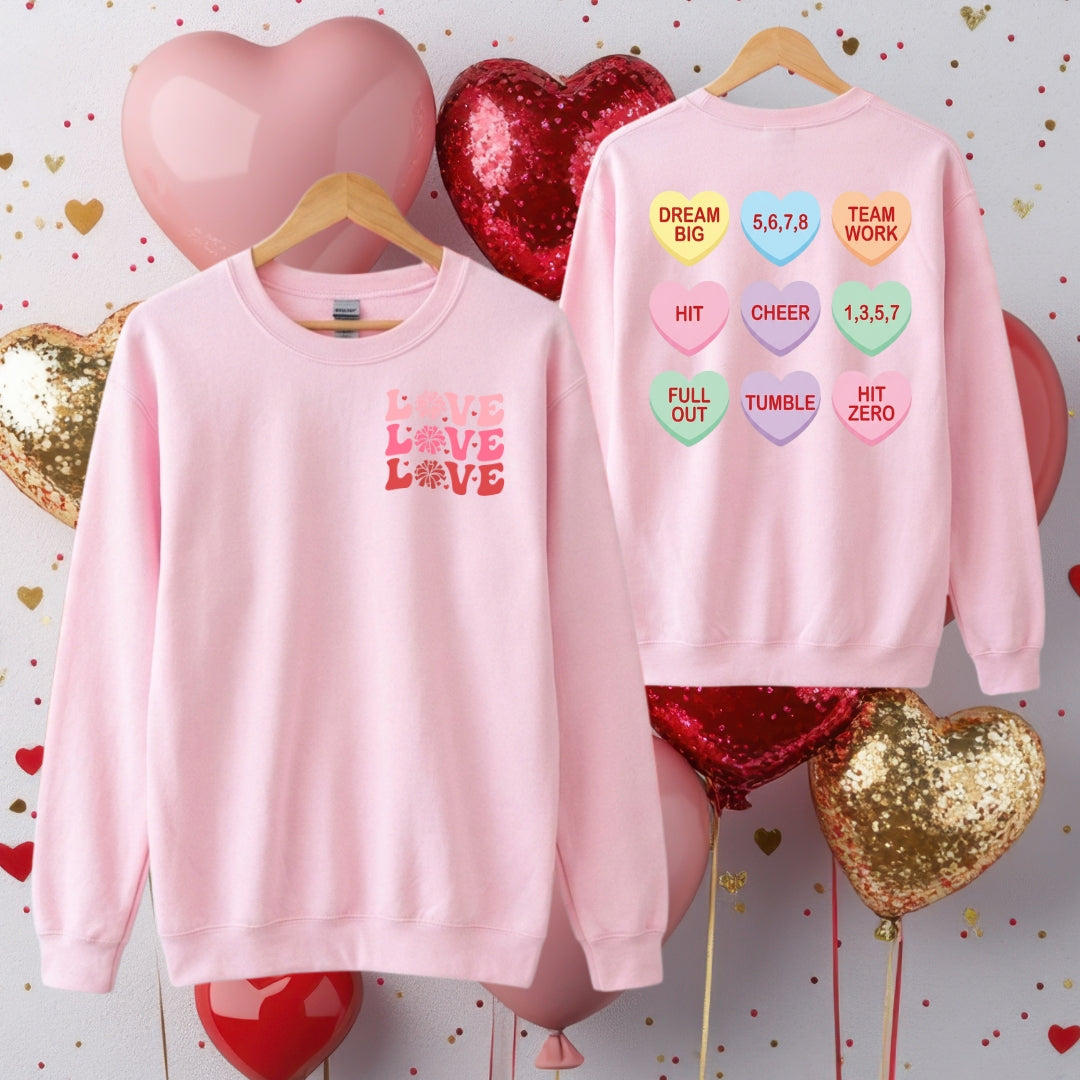 Cheer Valentine Sweatshirt – Love Love Love Crewneck | Candy Heart Cheer Pullover | Cheerleading Valentine Gift