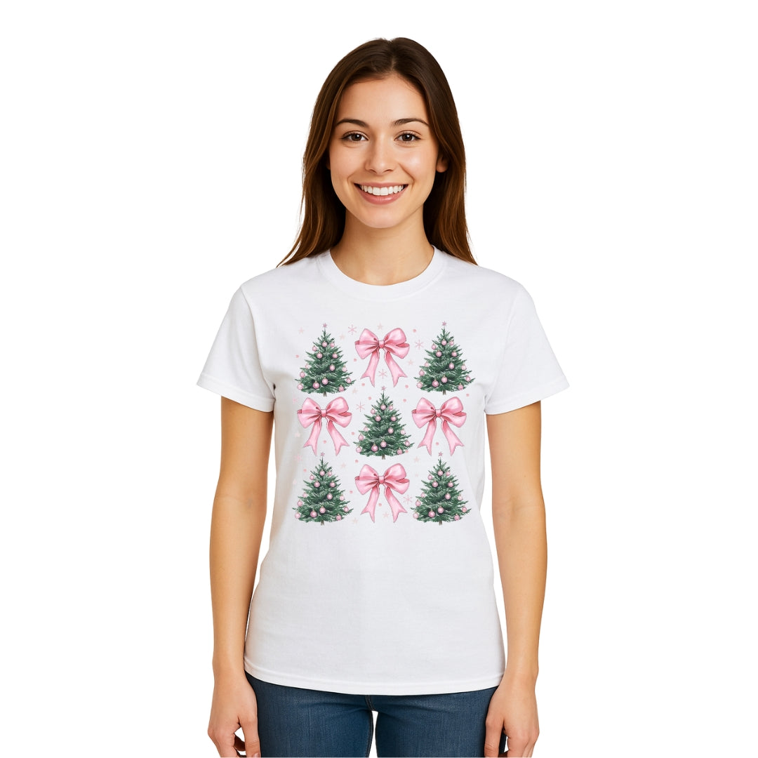 Holiday Shirt -Pink Bow Christmas Trees Graphic