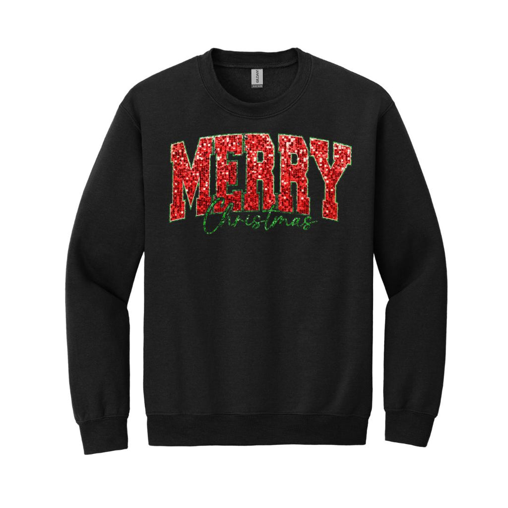 Holiday Crewneck Sweatshirt-“Merry Christmas” Glitter Varsity Design