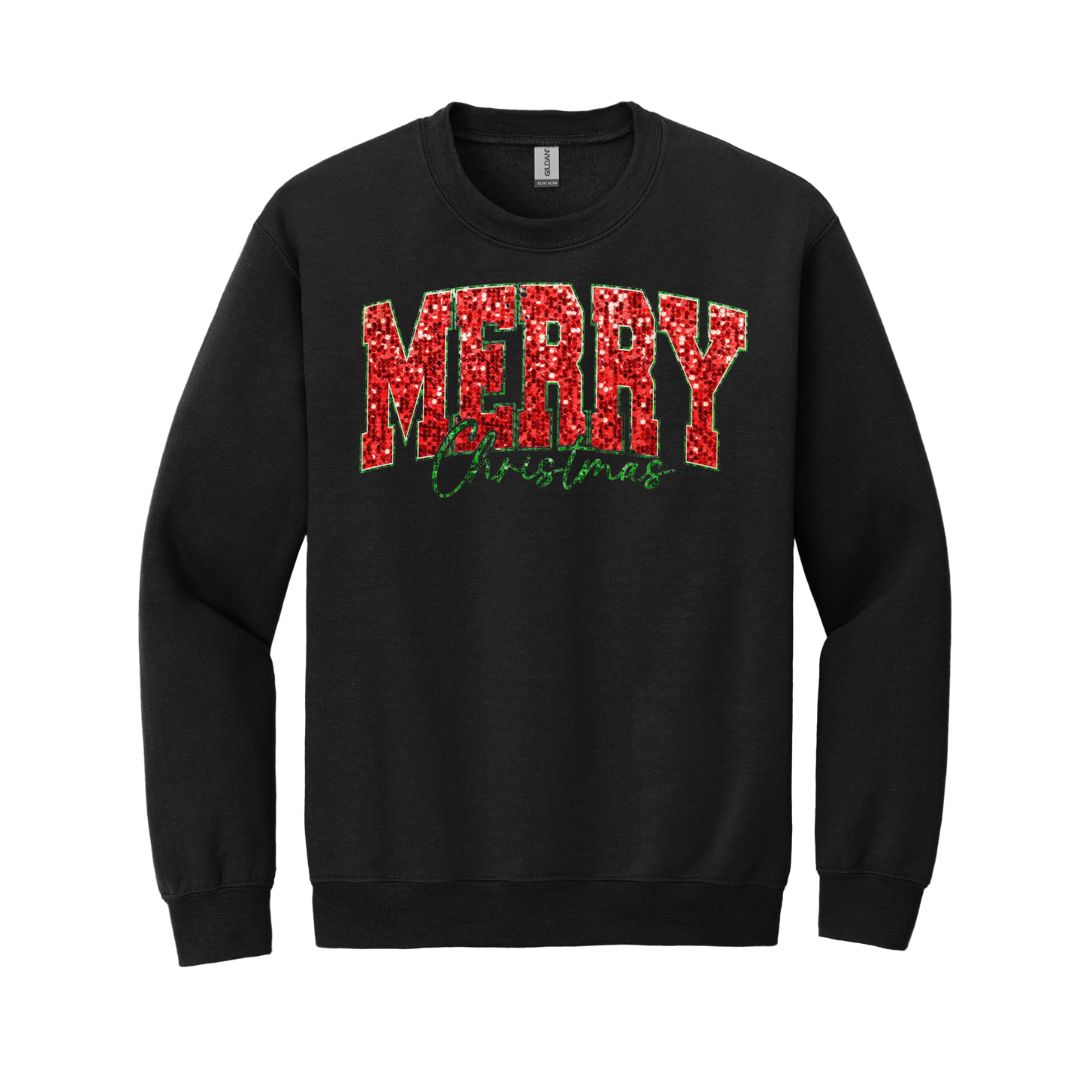 Holiday Crewneck Sweatshirt-“Merry Christmas” Glitter Varsity Design