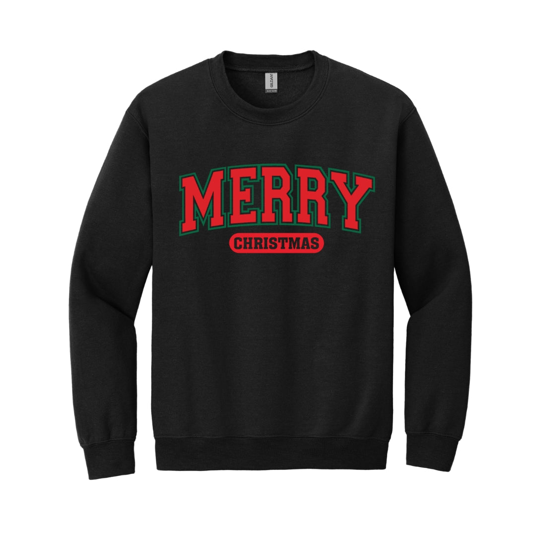 Holiday Crewneck Sweatshirt-Bold “Merry Christmas” Holiday Apparel – Classic Varsity Style Christmas Design
