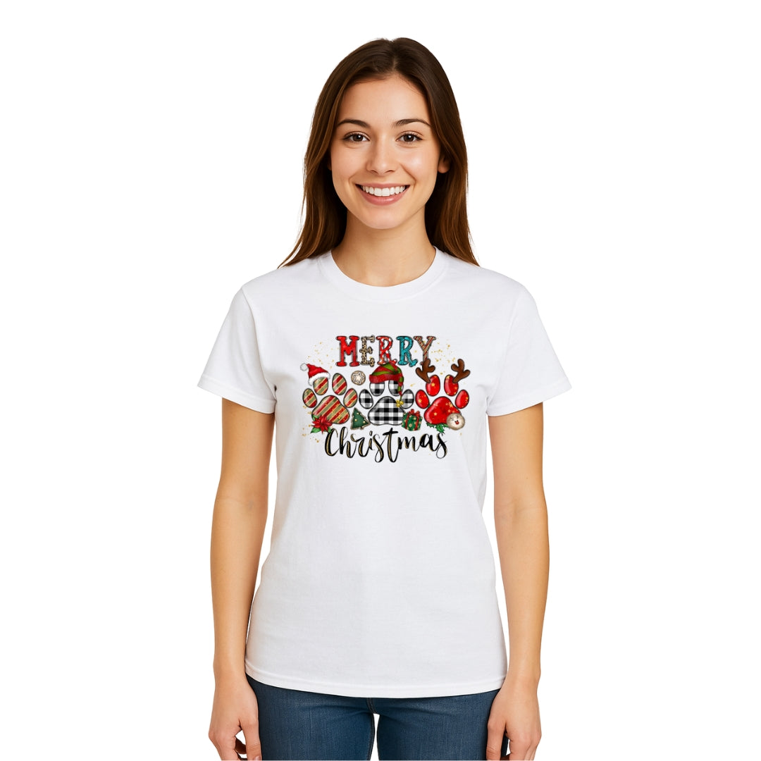 Merry & Furry Tees: Merry Christmas Paw Print Buffalo Plaid Holiday Apparel – Cute Festive Dog Lover Design