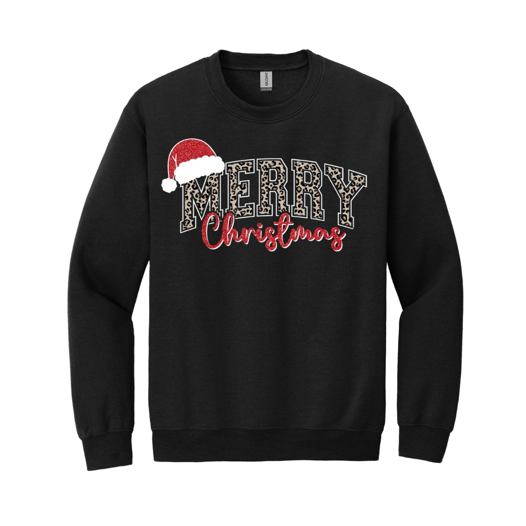 Holiday Crewneck Sweatshirt- “Merry Christmas” Leopard Santa Design