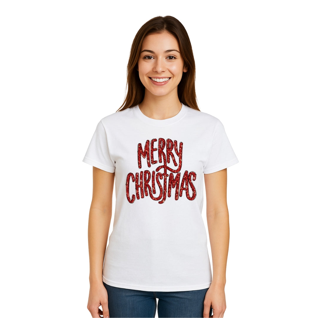 Minimalist Holiday Shirt - “Merry Christmas” Glitter Script Design