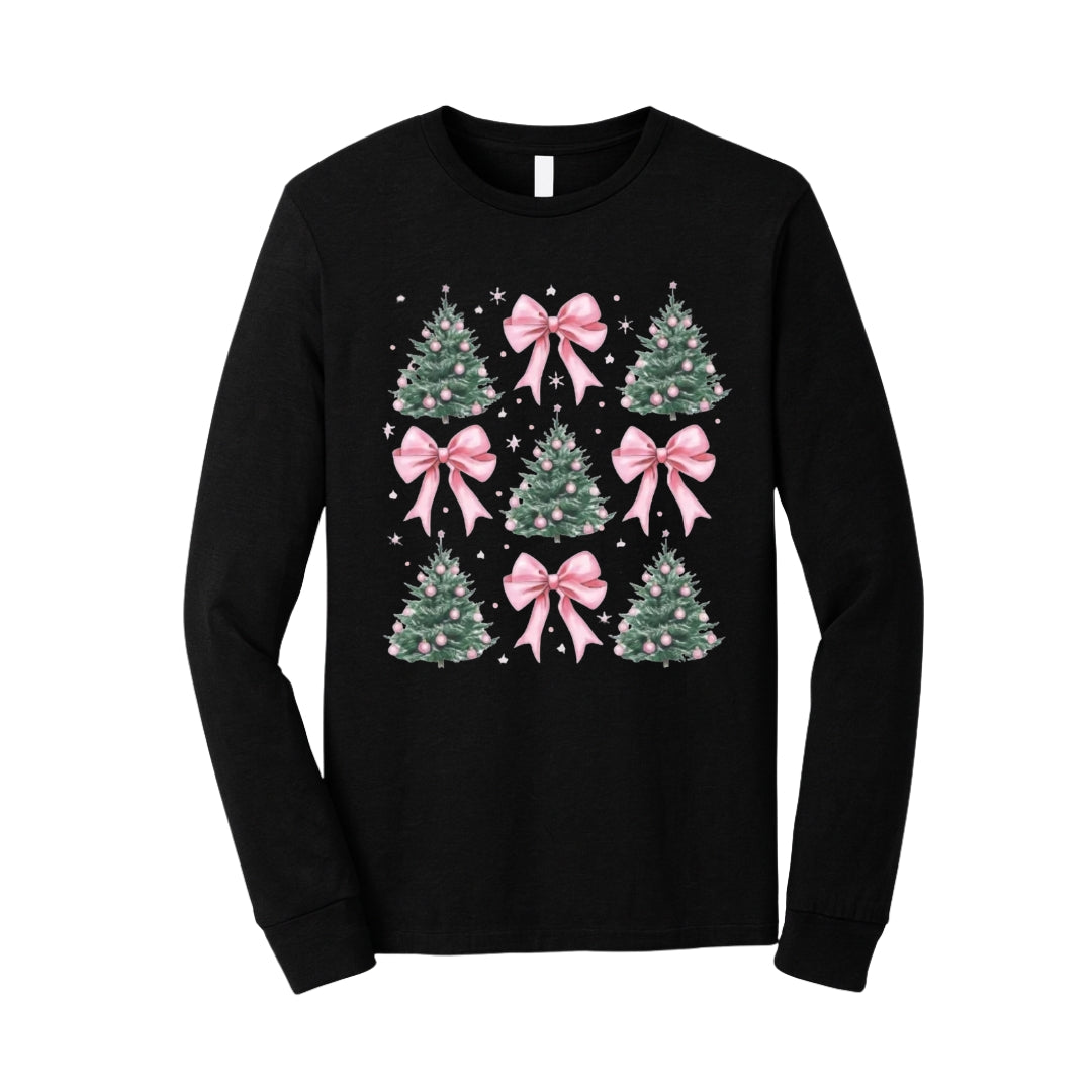 Holiday Long Sleeves-Pink Bow Christmas Trees Graphic