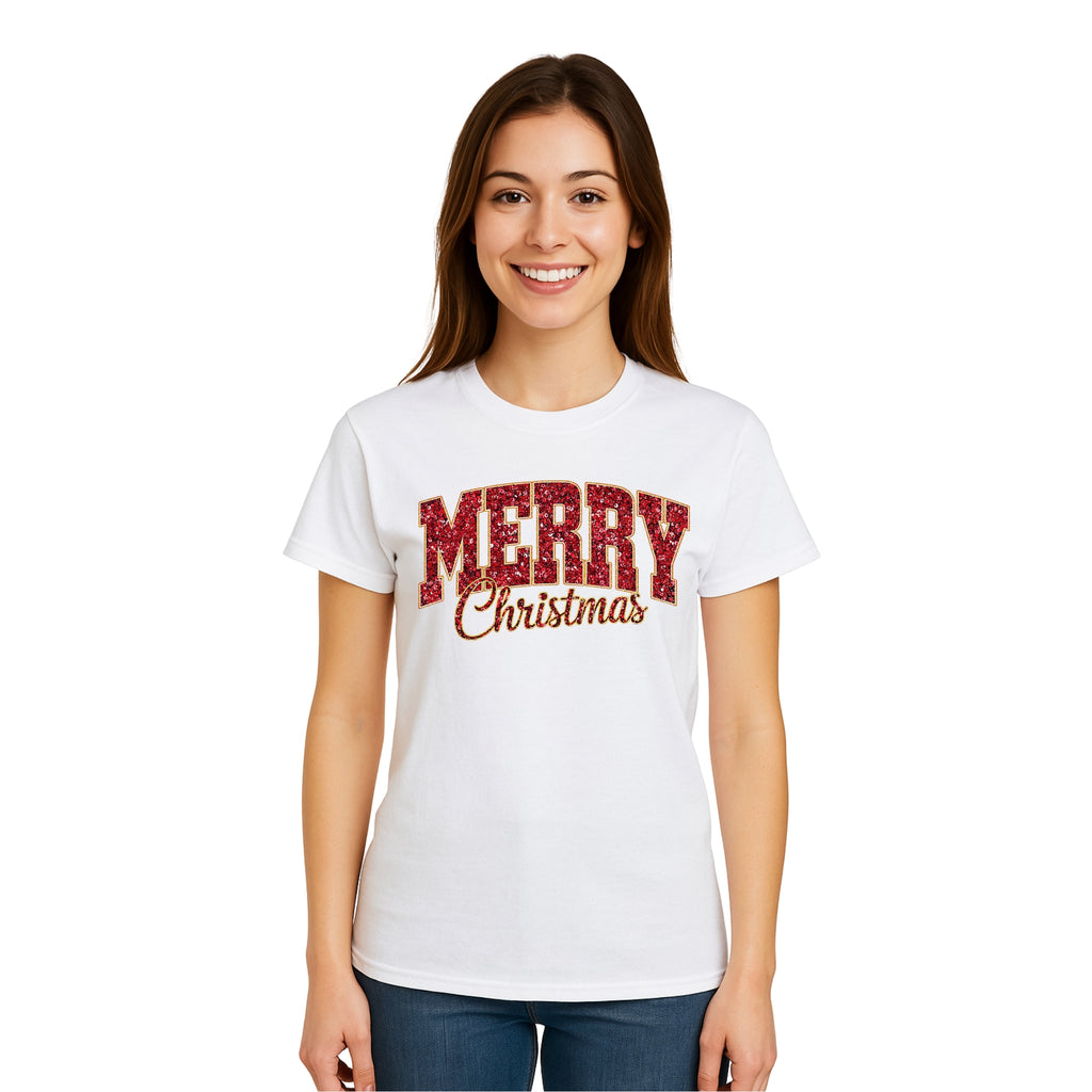 Minimalist Holiday Shirt - “Merry Christmas” Glitter Varsity Design