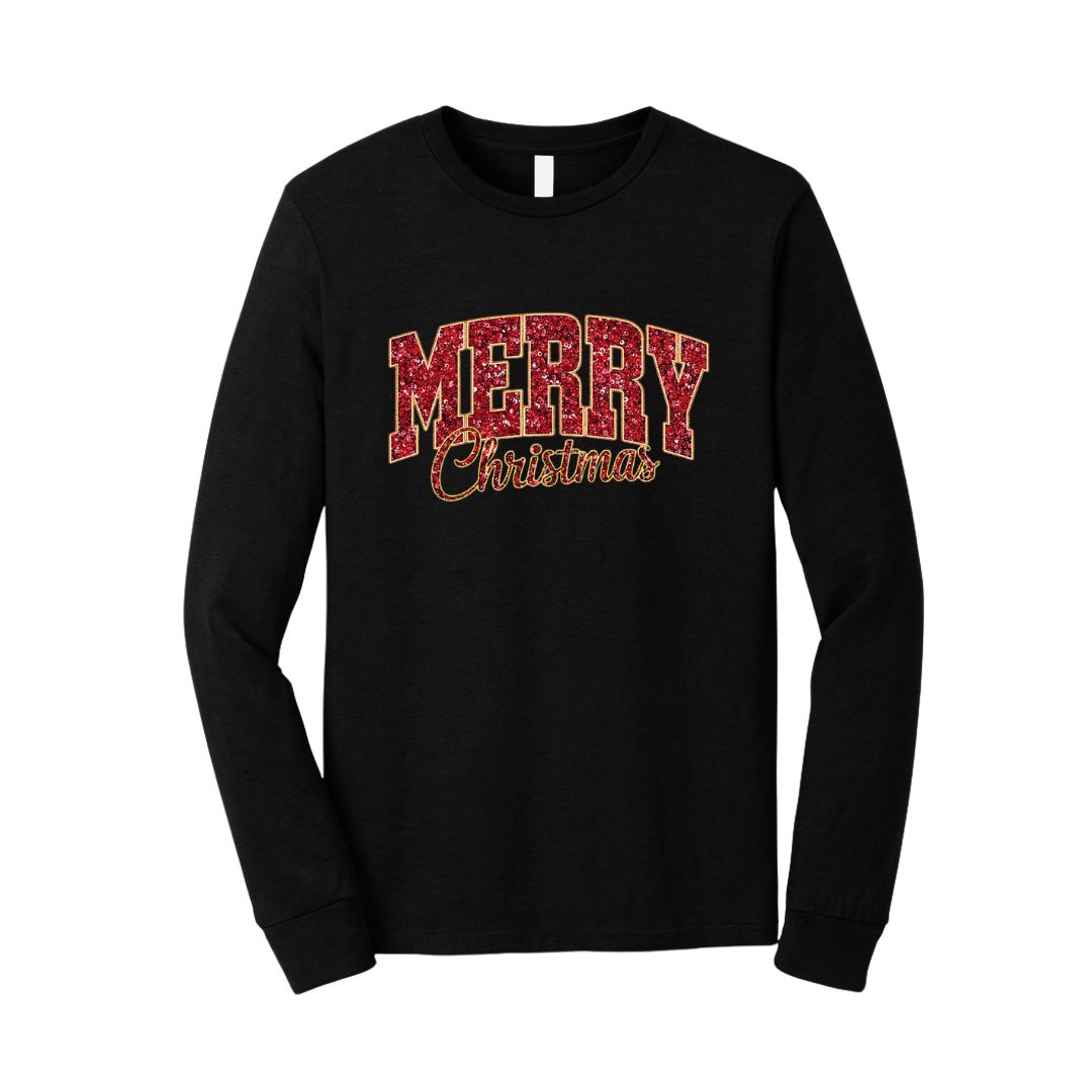 Holiday Long Sleeves- “Merry Christmas” Glitter Varsity Design