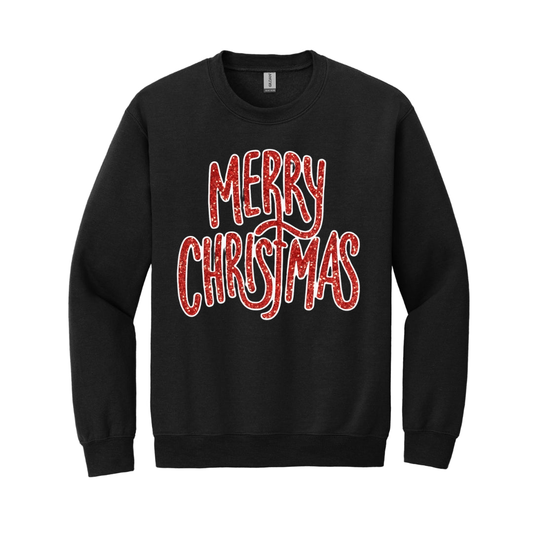 Holiday Crewneck Sweatshirt-“Merry Christmas” Glitter Script Design