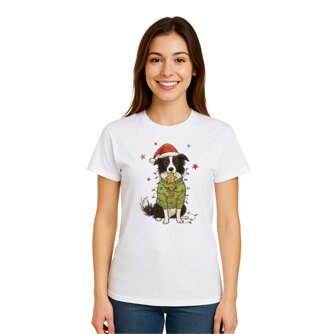 Merry & Furry Tees: Border Collie Christmas Lights Design – Cute Holiday Dog Lover Gift