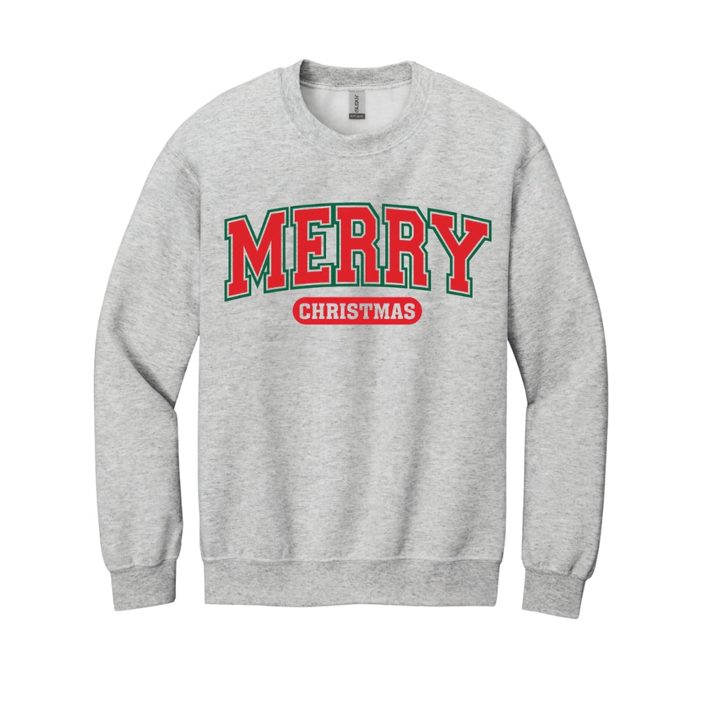 Holiday Crewneck Sweatshirt-Bold “Merry Christmas” Holiday Apparel – Classic Varsity Style Christmas Design