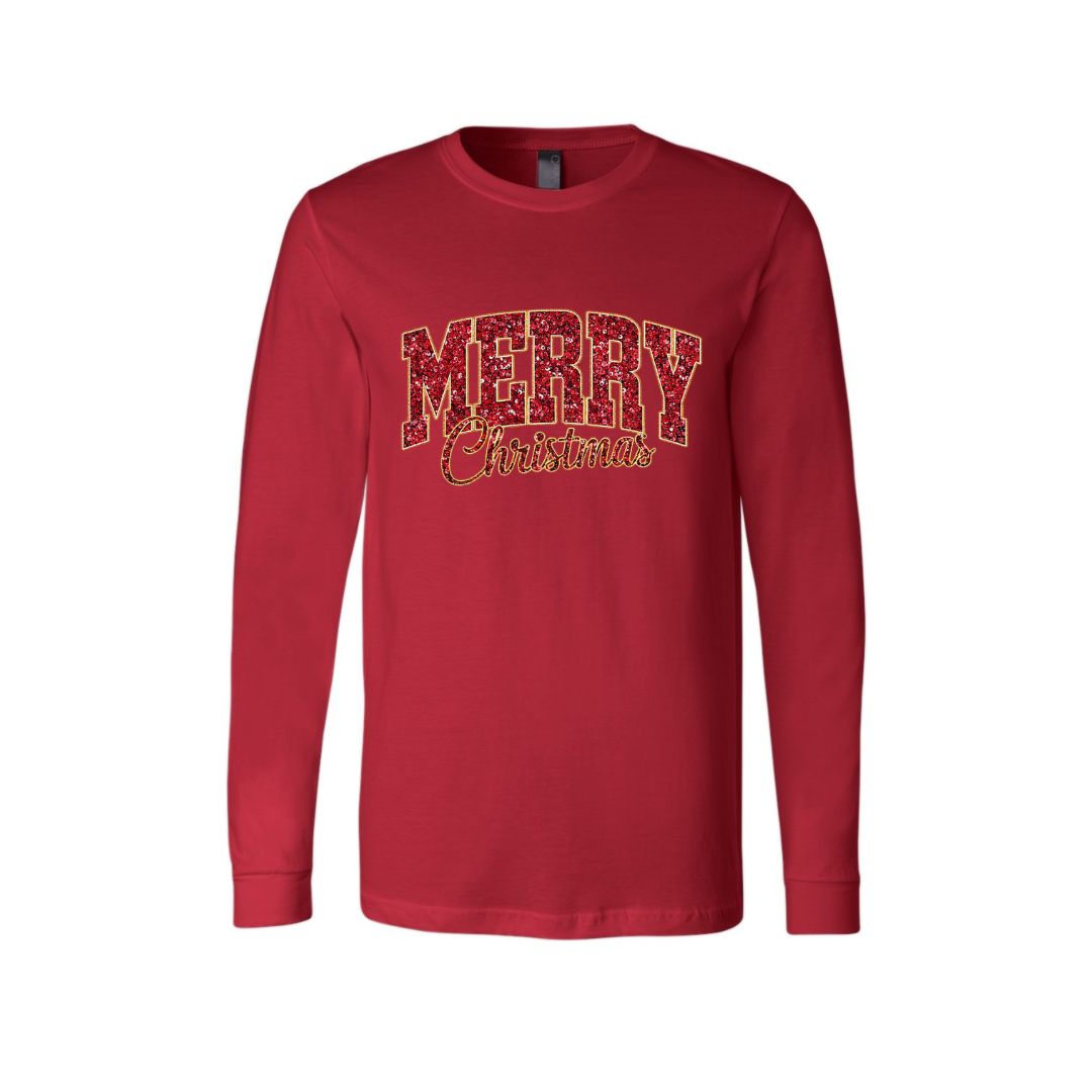 Holiday Long Sleeves- “Merry Christmas” Glitter Varsity Design