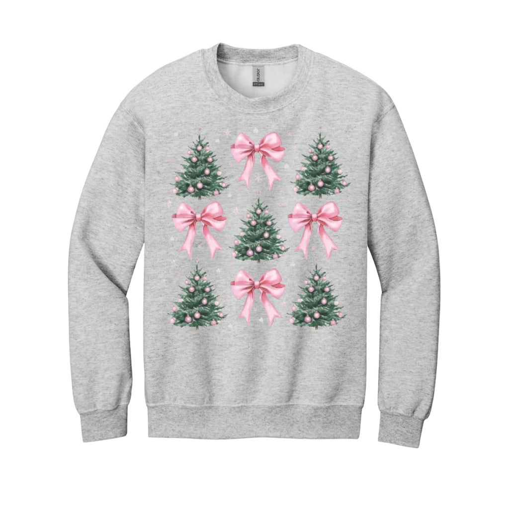 Holiday Crewneck Sweatshirt- Pink Bow Christmas Trees Graphic