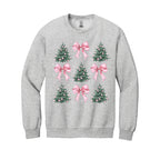 Holiday Crewneck Sweatshirt- Pink Bow Christmas Trees Graphic