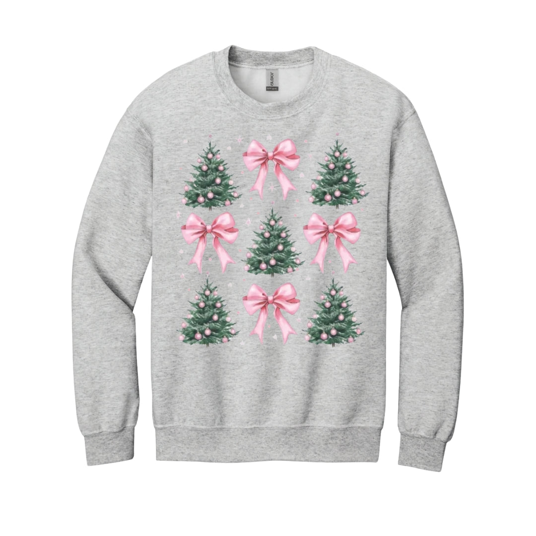Holiday Crewneck Sweatshirt- Pink Bow Christmas Trees Graphic