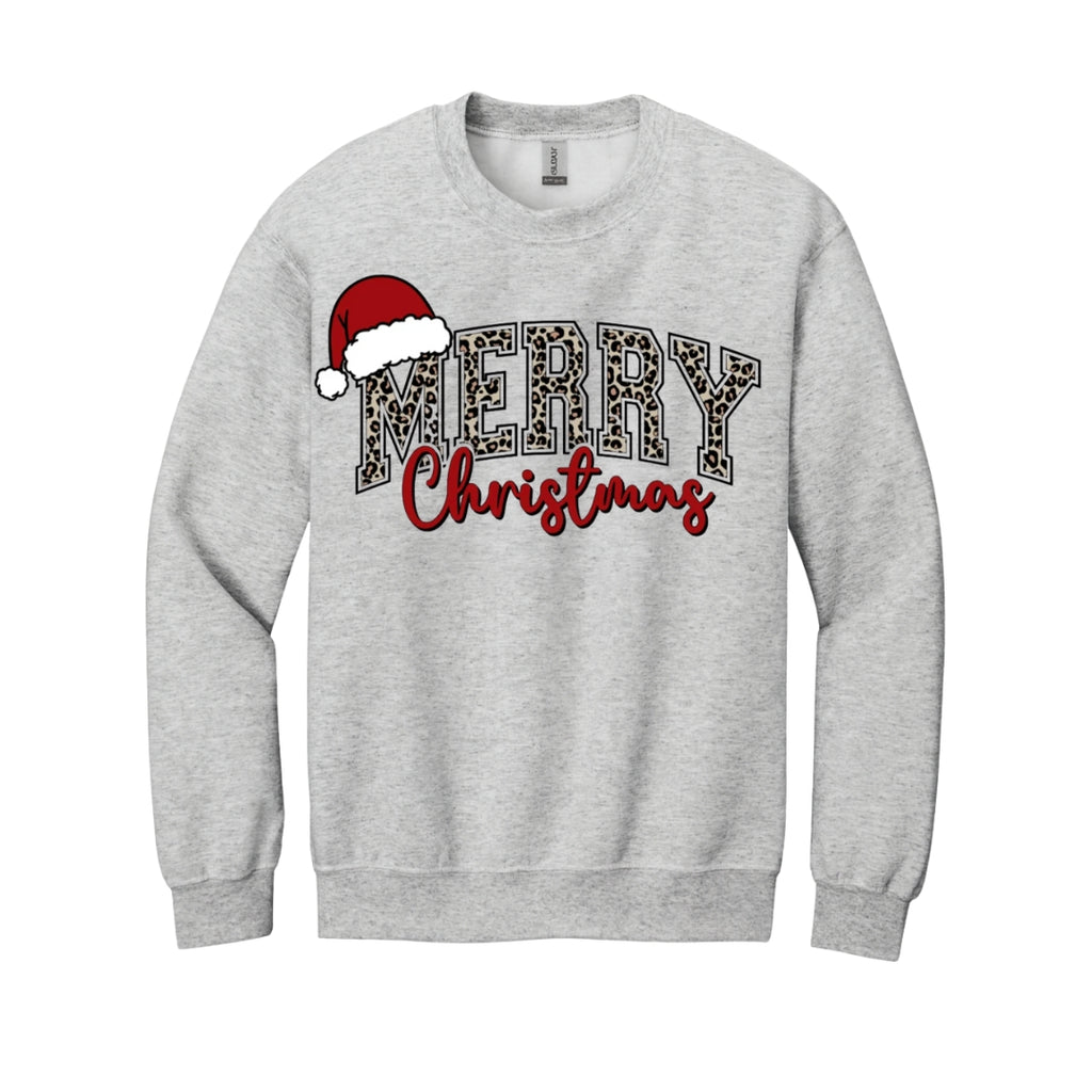 Holiday Crewneck Sweatshirt- “Merry Christmas” Leopard Santa Design