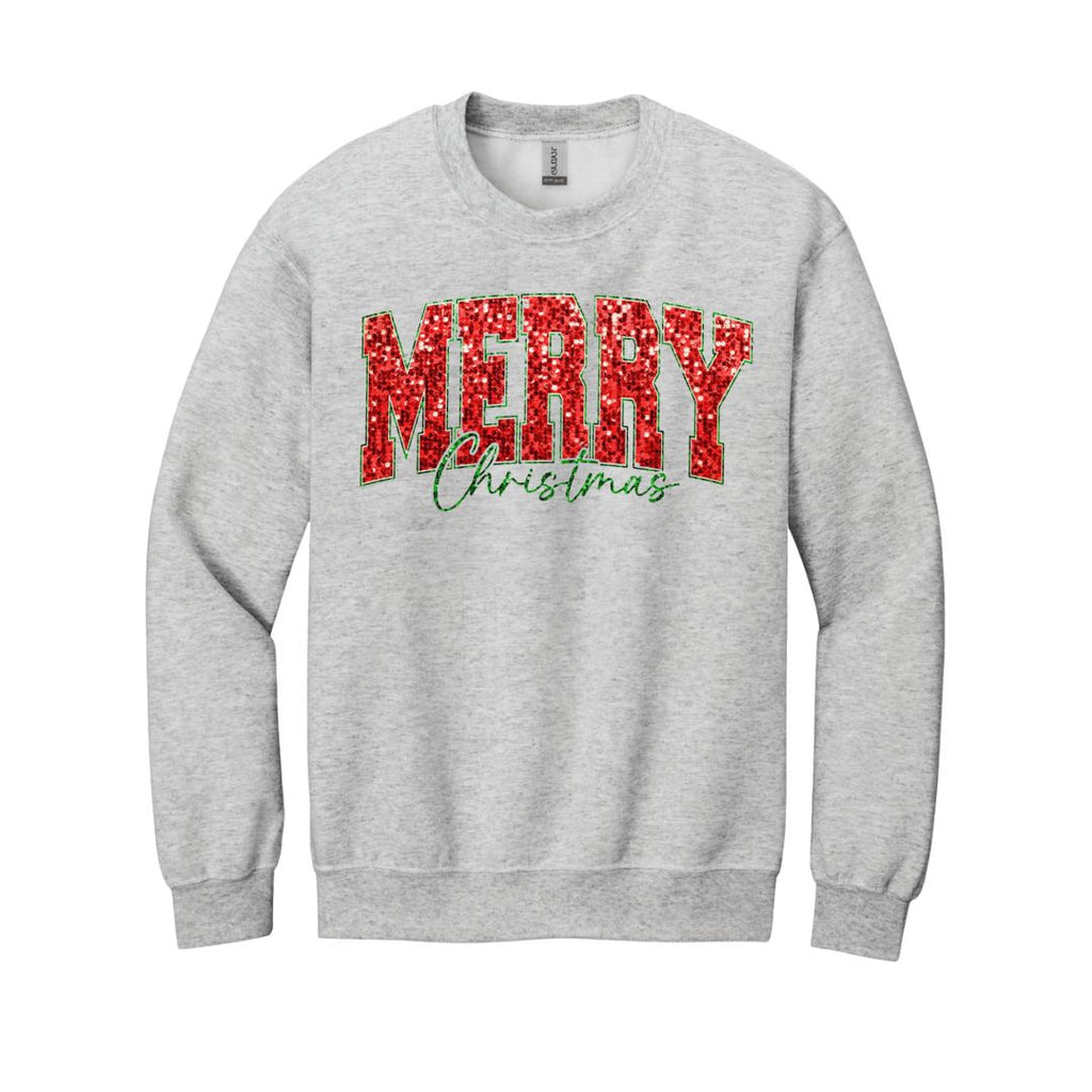 Holiday Crewneck Sweatshirt-“Merry Christmas” Glitter Varsity Design