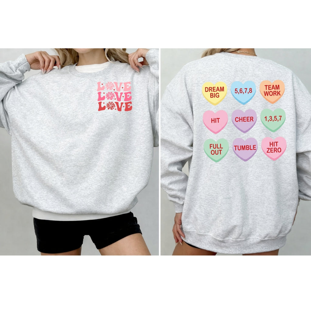 Cheer Valentine Sweatshirt – Love Love Love Crewneck | Candy Heart Cheer Pullover | Cheerleading Valentine Gift
