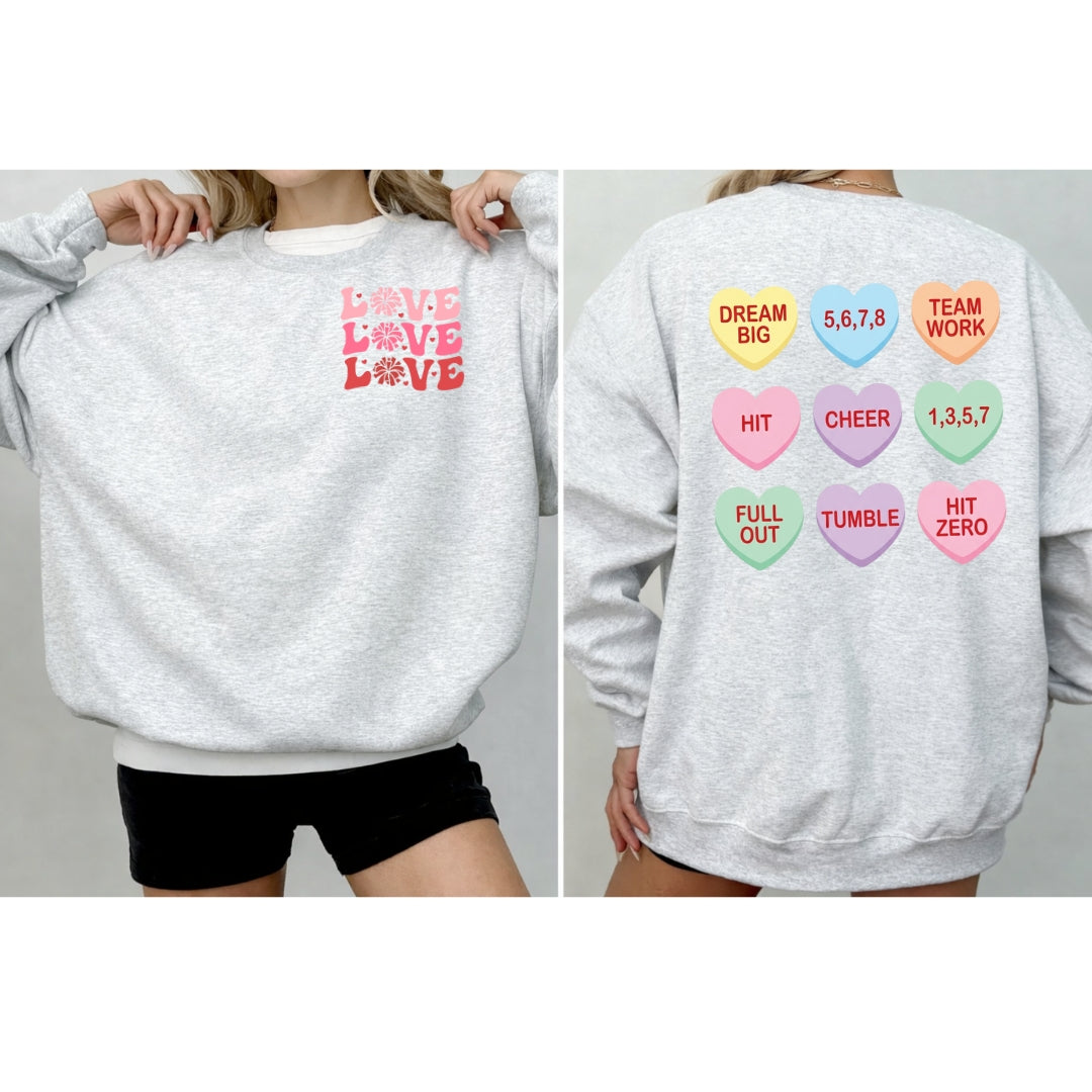 Cheer Valentine Sweatshirt – Love Love Love Crewneck | Candy Heart Cheer Pullover | Cheerleading Valentine Gift